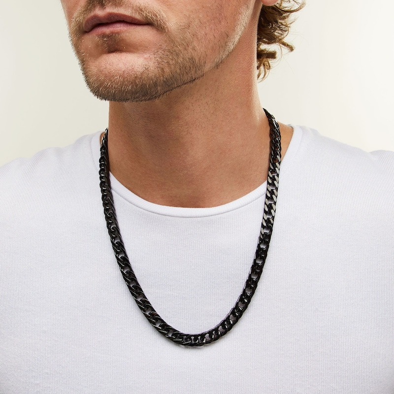 Main Image 2 of 9.5mm Curb Chain Necklace in Solid Stainless Steel with Black Ion Plate - 24"