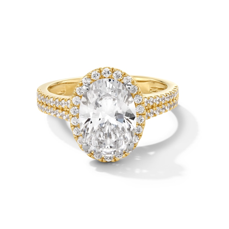 Main Image 1 of 3-1/2 CT. T.W. Oval Certified Lab-Grown Diamond Frame Double Row Engagement Ring in 14K Gold (F/SI2)