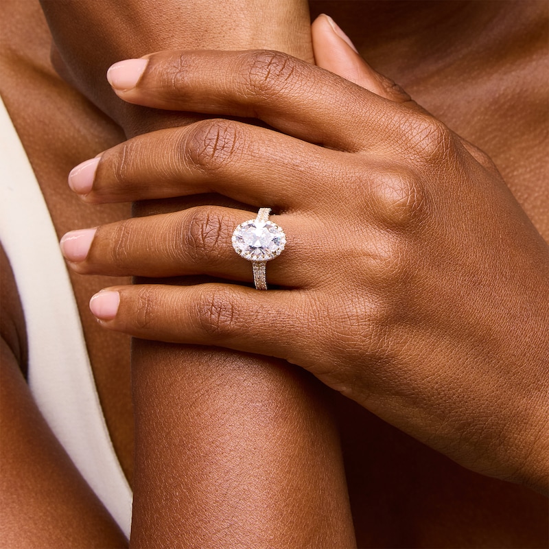 Main Image 2 of 3-1/2 CT. T.W. Oval Certified Lab-Grown Diamond Frame Double Row Engagement Ring in 14K Gold (F/SI2)