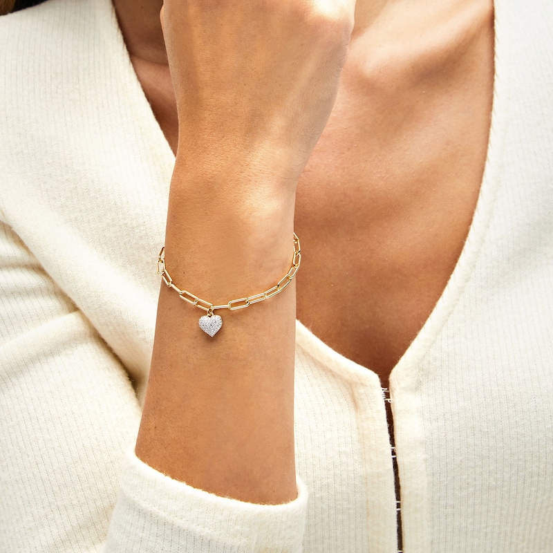 Main Image 2 of 1/5 CT. T.W. Multi-Diamond Heart Charm Bracelet in Sterling Silver with 10K Gold Plate - 7.5"