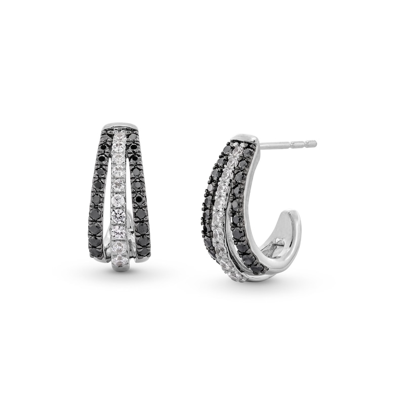 Main Image 1 of 1/2 CT. T.W. Black and White Diamond Triple Row Open Hoop Earrings in Sterling Silver