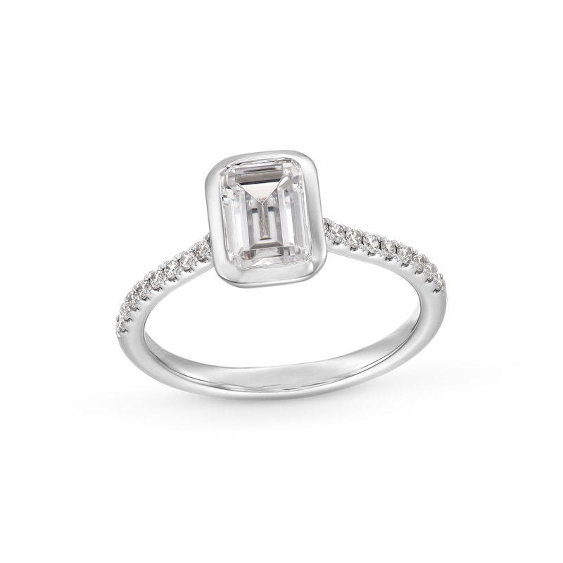 Main Image 1 of 1-3/4 CT. T.W. Emerald-Cut Certified Lab-Grown Diamond Bezel-Set Engagement Ring in 14K White Gold (F/VS2)