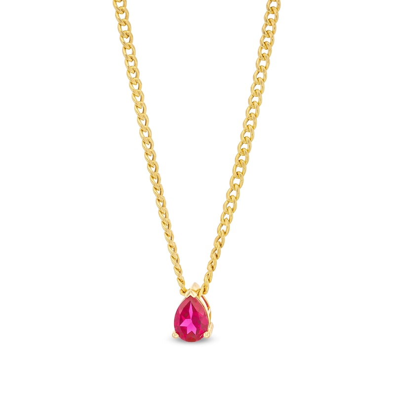 Main Image 1 of Pear-Shaped Lab-Created Ruby Solitaire Cuban Curb Chain Necklace in 10K Gold