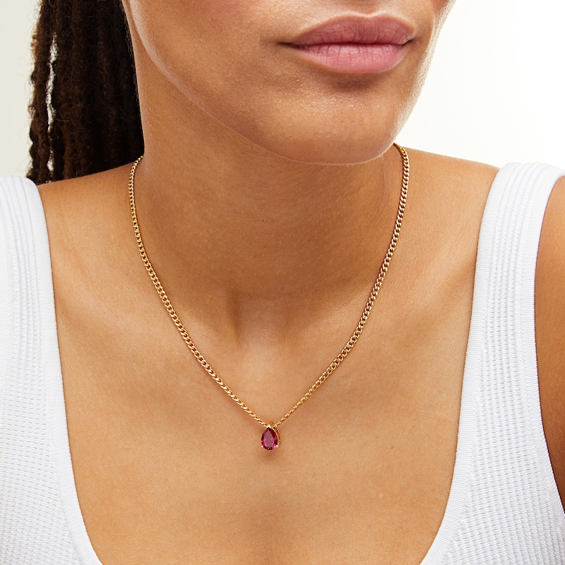 Main Image 2 of Pear-Shaped Lab-Created Ruby Solitaire Cuban Curb Chain Necklace in 10K Gold