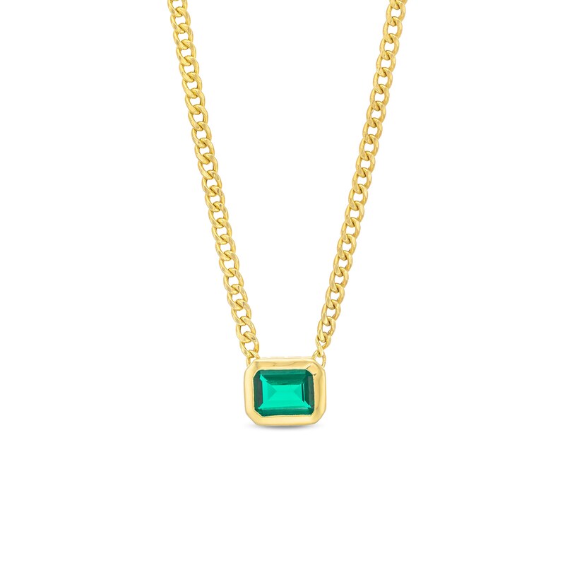 Main Image 1 of Emerald-Cut Lab-Created Emerald Bezel-Set Solitaire Cuban Curb Chain Necklace in 10K Gold