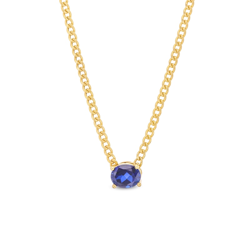 Main Image 1 of Oval Blue Lab-Created Sapphire Sideways Solitaire Cuban Curb Chain Necklace in 10K Gold