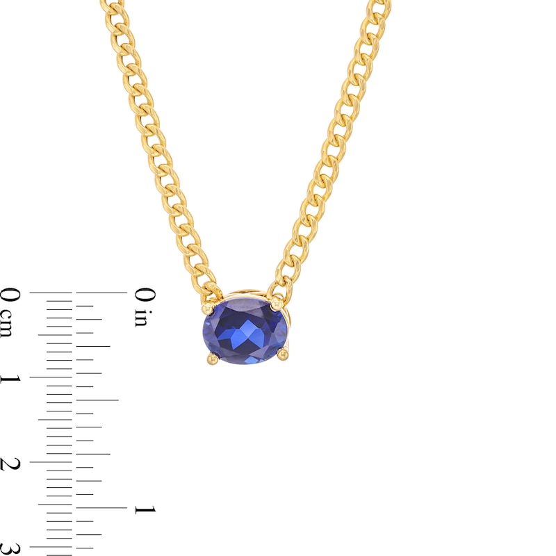 Main Image 4 of Oval Blue Lab-Created Sapphire Sideways Solitaire Cuban Curb Chain Necklace in 10K Gold