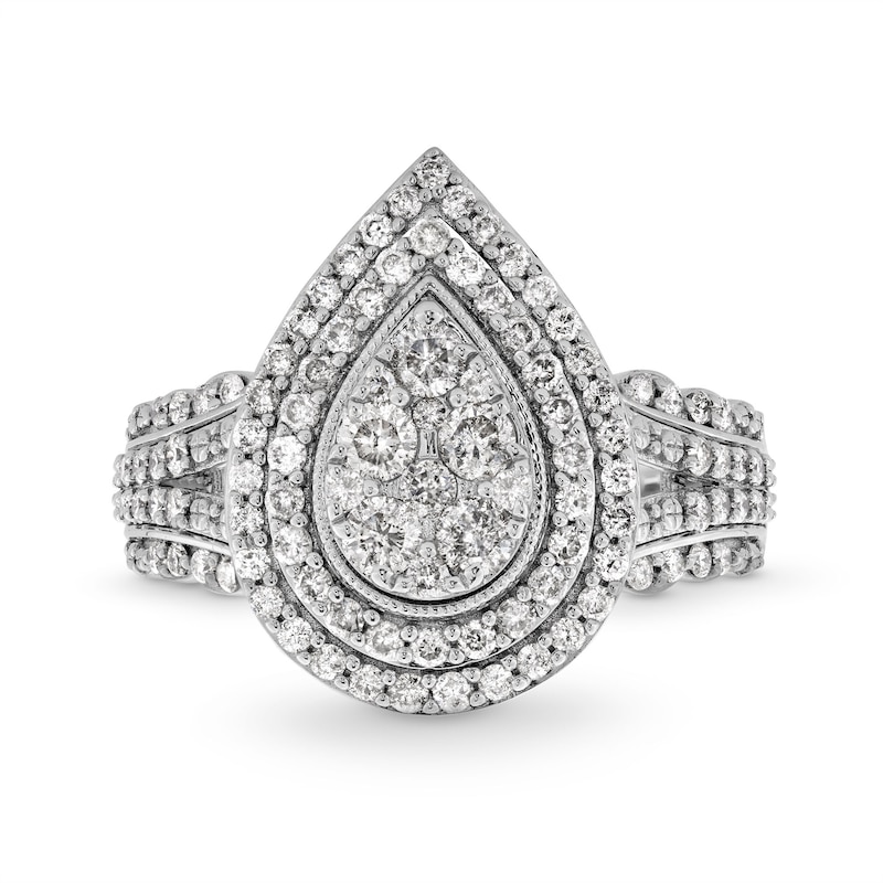 Main Image 4 of 1 CT. T.W. Pear-Shaped Multi-Diamond Double Frame Multi-Row Split Shank Engagement Ring in 10K White Gold