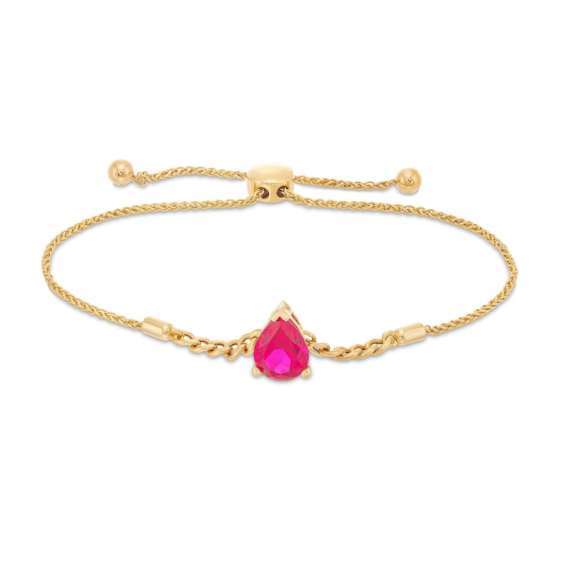Main Image 1 of Pear-Shaped Lab-Created Ruby Solitaire Cuban Curb Chain Bolo Bracelet in 10K Gold - 8.5"