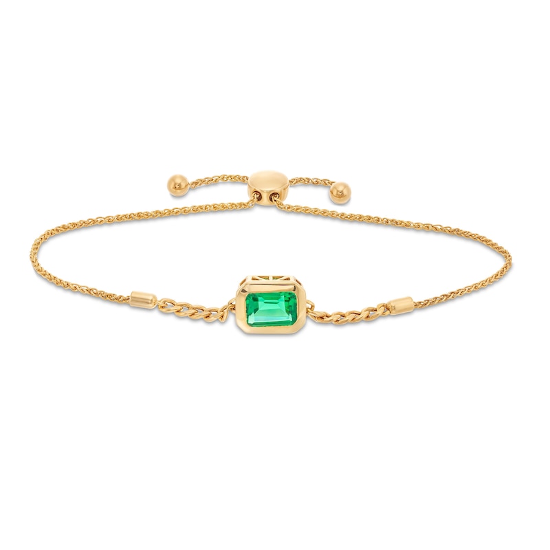 Main Image 1 of Sideways Emerald-Cut Lab-Created Emerald Bezel-Set Solitaire Cuban Curb Chain Bolo Bracelet in 10K Gold - 8.5"