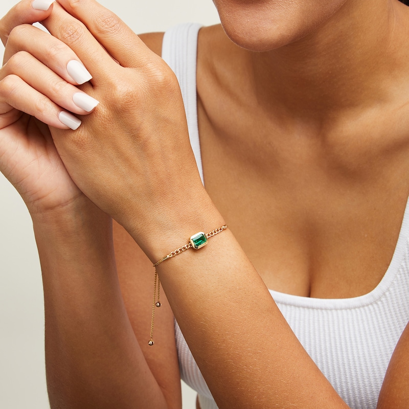 Main Image 2 of Sideways Emerald-Cut Lab-Created Emerald Bezel-Set Solitaire Cuban Curb Chain Bolo Bracelet in 10K Gold - 8.5"