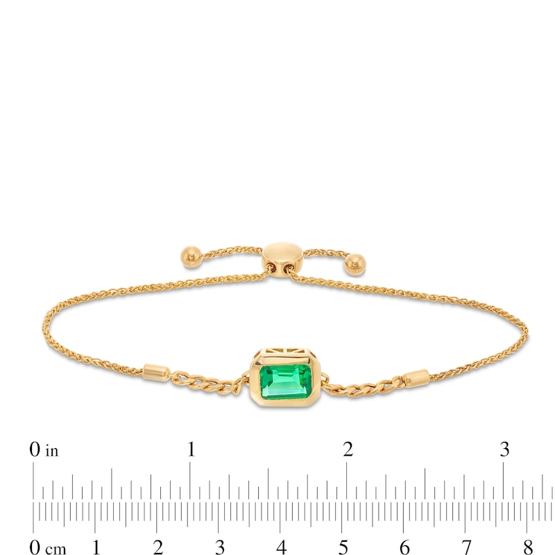 Main Image 3 of Sideways Emerald-Cut Lab-Created Emerald Bezel-Set Solitaire Cuban Curb Chain Bolo Bracelet in 10K Gold - 8.5"