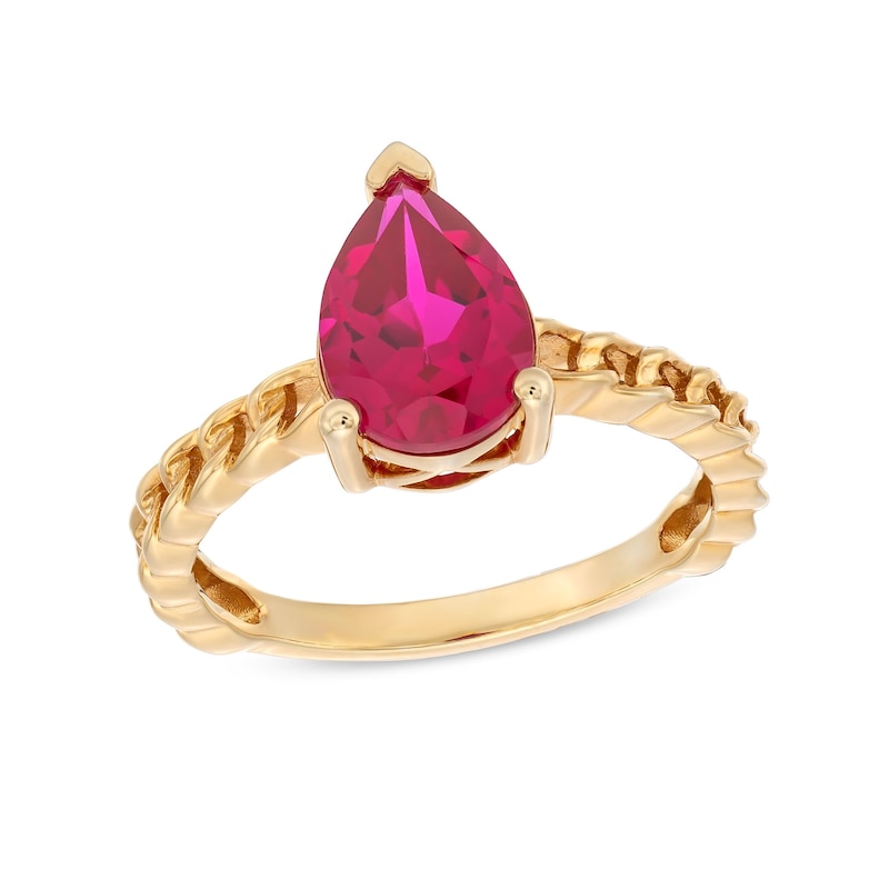 Main Image 1 of Pear-Shaped Lab-Created Ruby Solitaire Cuban Curb Chain Shank Ring in 10K Gold