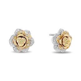 Enchanted Disney Belle Yellow Sapphire and 1/4 CT. T.W. Diamond Rose Stud Earrings in Sterling Silver and 10K Gold