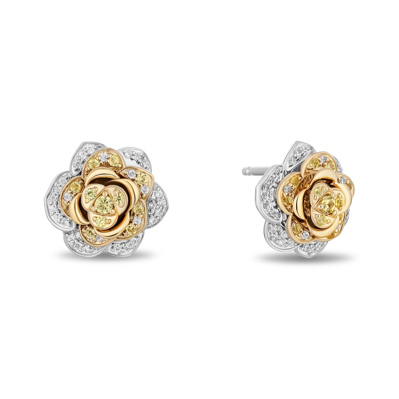 Main Image 1 of Enchanted Disney Belle Yellow Sapphire and 1/4 CT. T.W. Diamond Rose Stud Earrings in Sterling Silver and 10K Gold