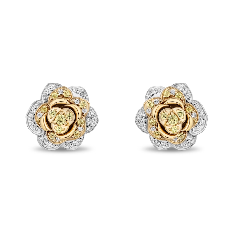 Main Image 2 of Enchanted Disney Belle Yellow Sapphire and 1/4 CT. T.W. Diamond Rose Stud Earrings in Sterling Silver and 10K Gold