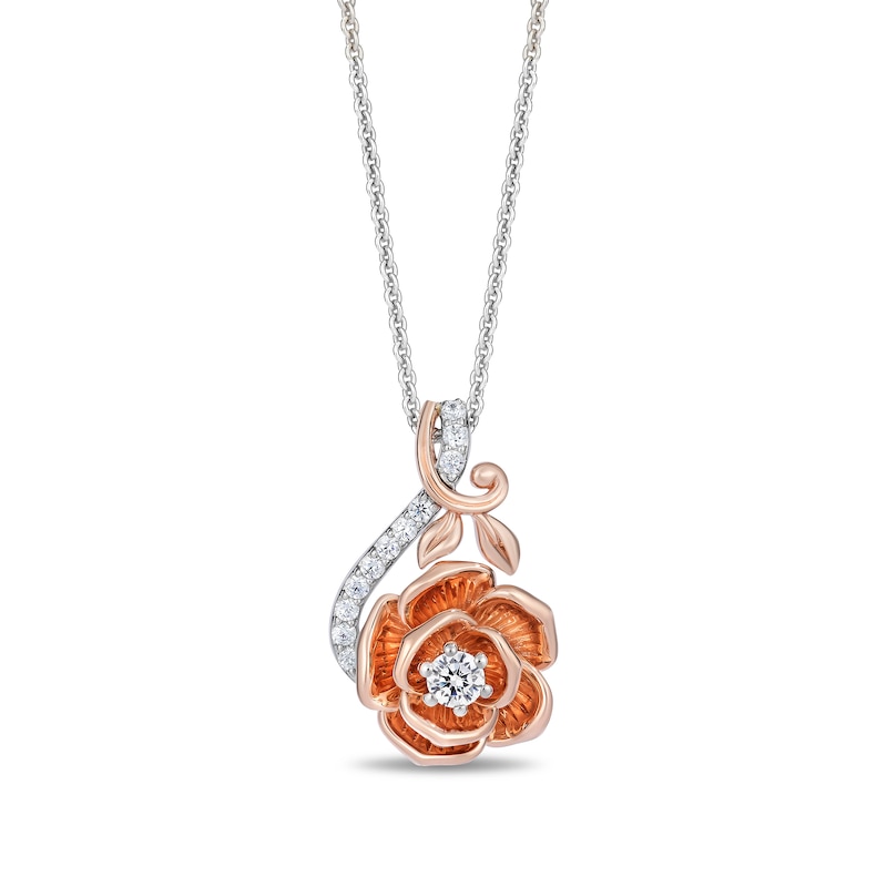 Main Image 1 of Enchanted Disney Belle Certified Lab-Grown Diamond Rose Vine Pendant in Sterling Silver and 14K Rose Gold Plate - 19”