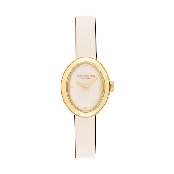 Ladies’ Coach Sammy Gold-Tone IP White Leather Strap Watch with Oval Chalk White Dial (Model: 14504422)