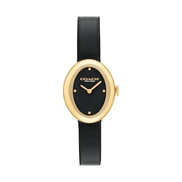 Ladies’ Coach Sammy Gold-Tone IP Black Leather Strap Watch with Black Oval Dial (Model: 14504421)