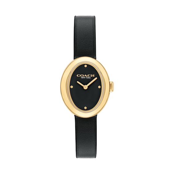 Ladies&acirc; Coach Sammy Gold-Tone IP Black Leather Strap Watch with Black Oval Dial (Model: 14504421)