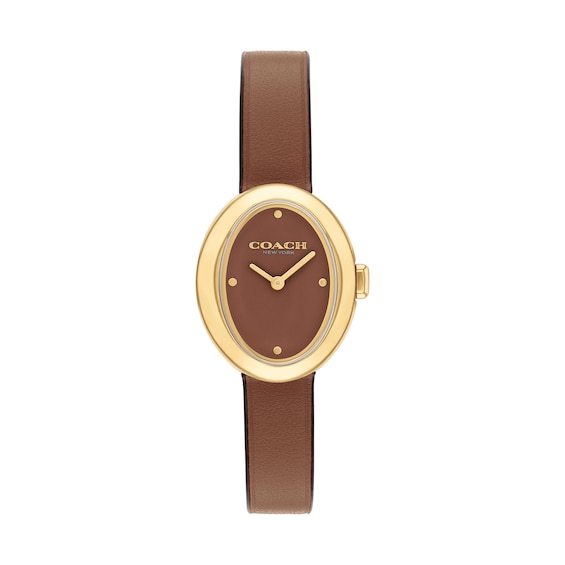 Ladies’ Coach Sammy Gold-Tone IP Brown Leather Strap Watch with Oval Brown Dial (Model: 14504426)