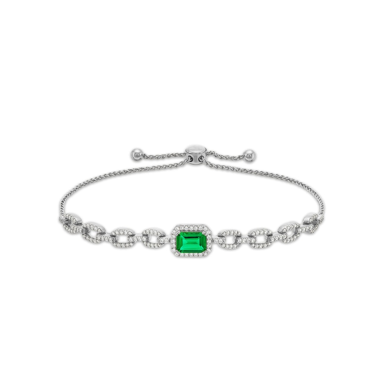 Main Image 1 of Emerald-Cut Lab-Created Emerald and White Lab-Created Sapphire Frame Link Bolo Bracelet in Sterling Silver - 9.0"