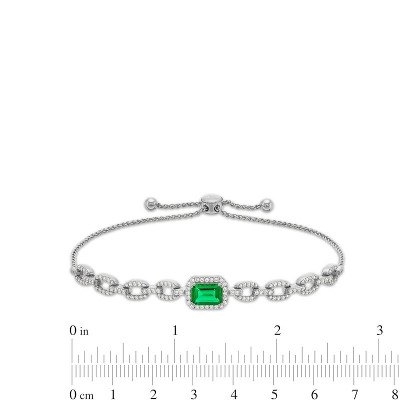 Main Image 3 of Emerald-Cut Lab-Created Emerald and White Lab-Created Sapphire Frame Link Bolo Bracelet in Sterling Silver - 9.0"