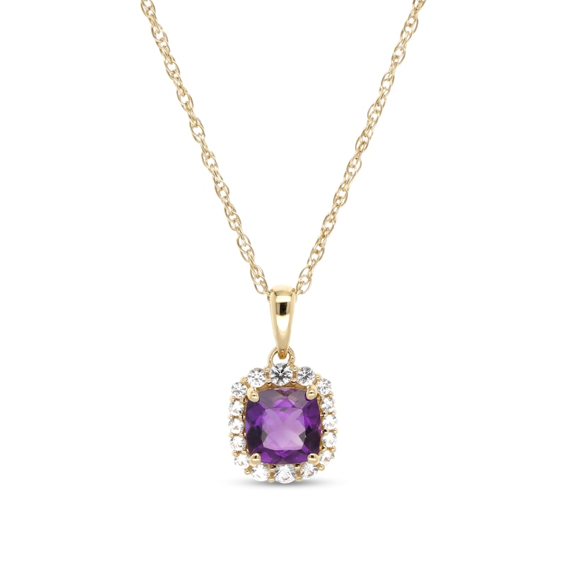 Main Image 1 of 6.0mm Cushion-Cut Amethyst and White Lab-Created Sapphire Frame Pendant in Sterling Silver with 14K Gold Plate