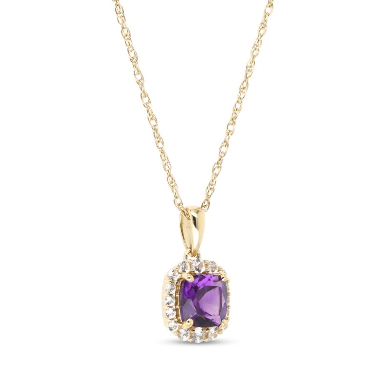 Main Image 2 of 6.0mm Cushion-Cut Amethyst and White Lab-Created Sapphire Frame Pendant in Sterling Silver with 14K Gold Plate