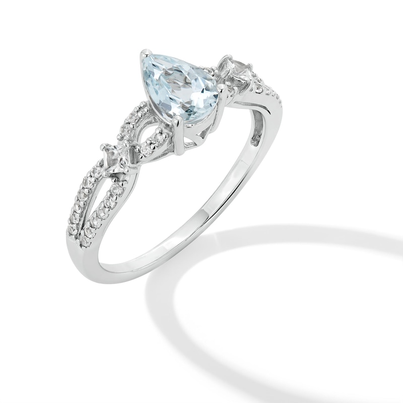 Main Image 1 of Pear-Shaped Aquamarine and White Lab-Created Sapphire Loop Shank Ring in Sterling Silver