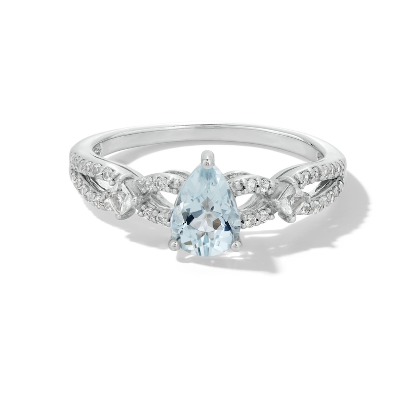 Main Image 2 of Pear-Shaped Aquamarine and White Lab-Created Sapphire Loop Shank Ring in Sterling Silver
