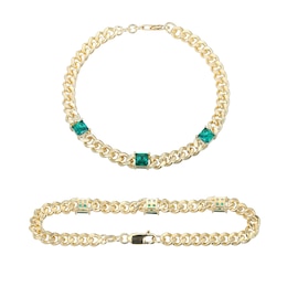 5.0mm Princess-Cut Lab-Created Emerald Station Cuban Curb Chain Bracelet in Sterling Silver with 18K Gold Plate - 7.25"
