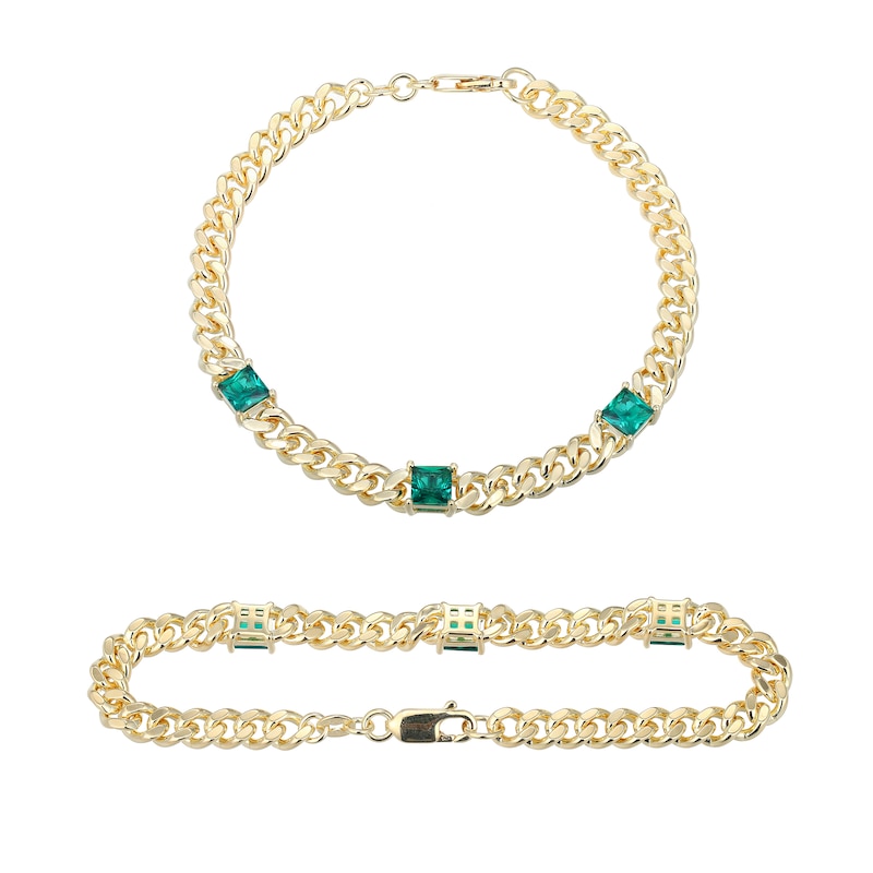 Main Image 1 of 5.0mm Princess-Cut Lab-Created Emerald Station Cuban Curb Chain Bracelet in Sterling Silver with 18K Gold Plate - 7.25"
