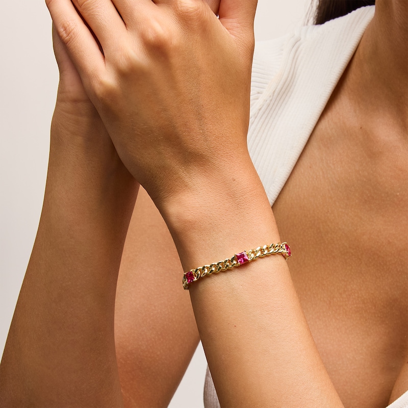 Main Image 2 of 5.0mm Princess-Cut Lab-Created Emerald Station Cuban Curb Chain Bracelet in Sterling Silver with 18K Gold Plate - 7.25"