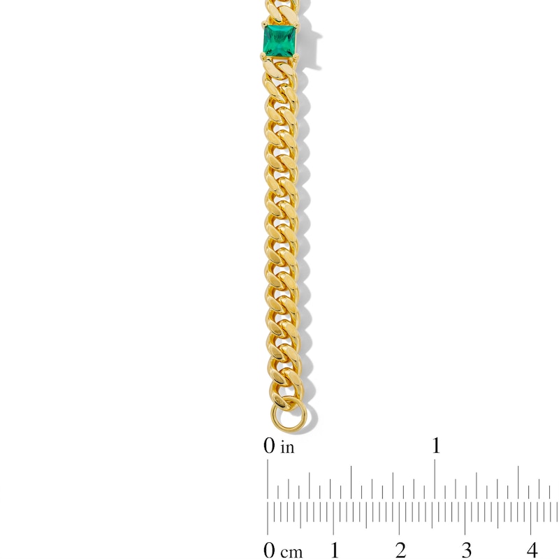Main Image 3 of 5.0mm Princess-Cut Lab-Created Emerald Station Cuban Curb Chain Bracelet in Sterling Silver with 18K Gold Plate - 7.25"