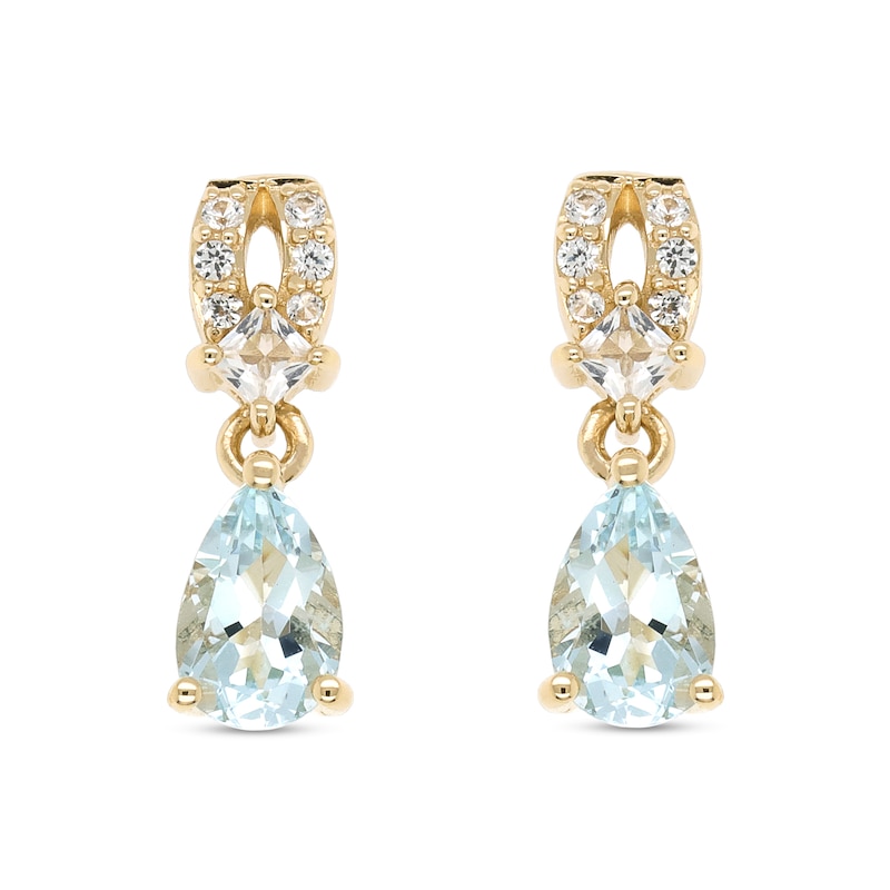 Main Image 2 of Pear-Shaped Aquamarine and White Lab-Created Sapphire Loop Drop Earrings in Sterling Silver with 14K Gold Plate