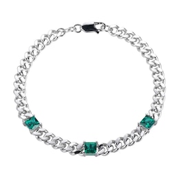 5.0mm Princess-Cut Lab-Created Emerald Station Cuban Curb Chain Bracelet in Sterling Silver - 7.25"