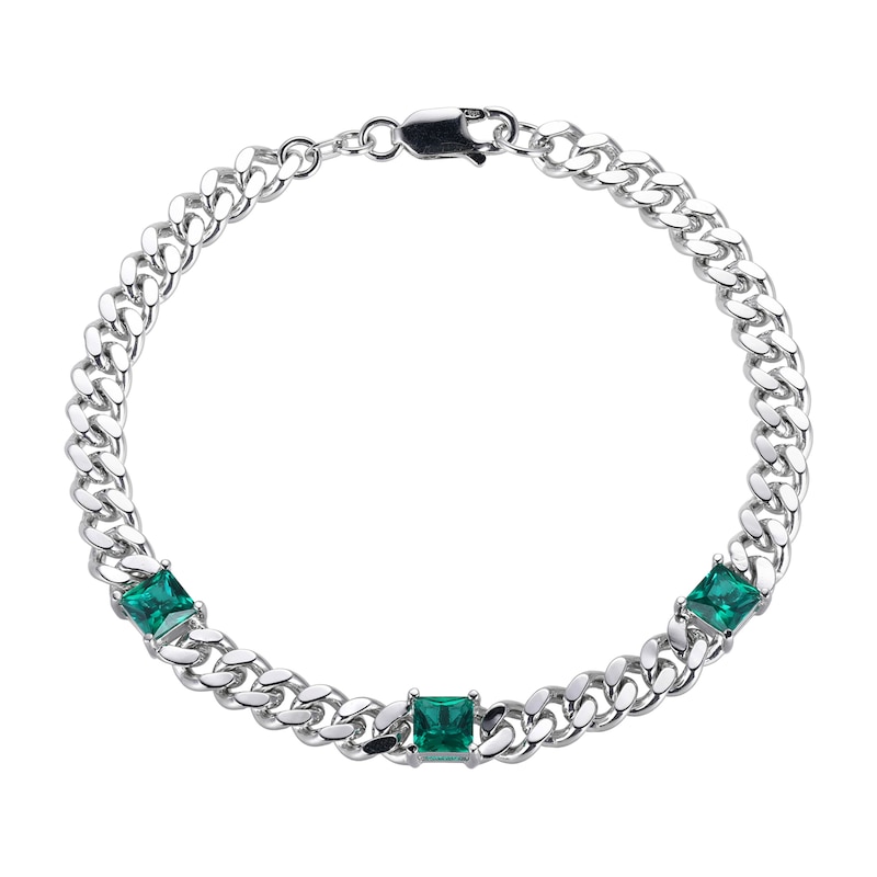 Main Image 1 of 5.0mm Princess-Cut Lab-Created Emerald Station Cuban Curb Chain Bracelet in Sterling Silver - 7.25"
