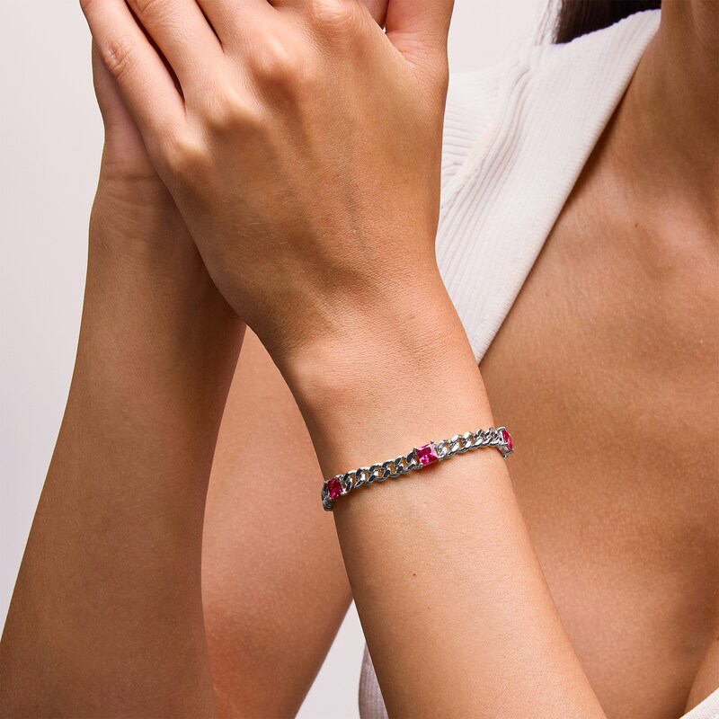 Main Image 2 of 5.0mm Princess-Cut Lab-Created Emerald Station Cuban Curb Chain Bracelet in Sterling Silver - 7.25"