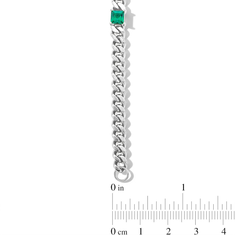 Main Image 3 of 5.0mm Princess-Cut Lab-Created Emerald Station Cuban Curb Chain Bracelet in Sterling Silver - 7.25"
