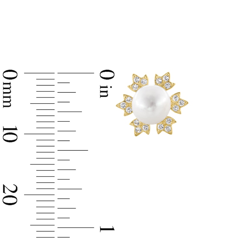 Main Image 3 of Freshwater Cultured Pearl and White Lab-Created Sapphire Snowflake Stud Earrings in Sterling Silver with 18K Gold Plate