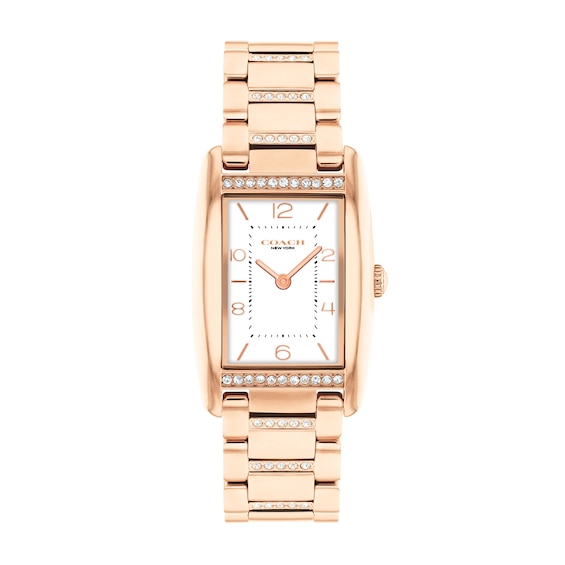 Ladies' Coach Reese Crystal Accent Rose-Tone IP Watch with Rectangular White Dial (Model: 14504317)