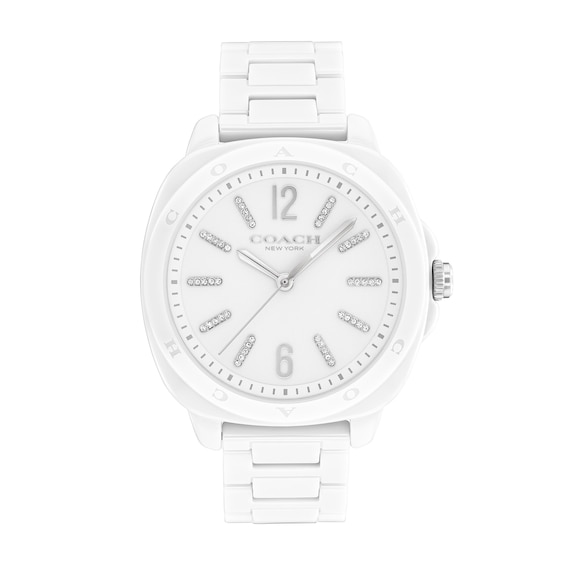 Ladies' Coach Kitt Crystal Accent White Ceramic Watch with White Dial (Model: 14504407)