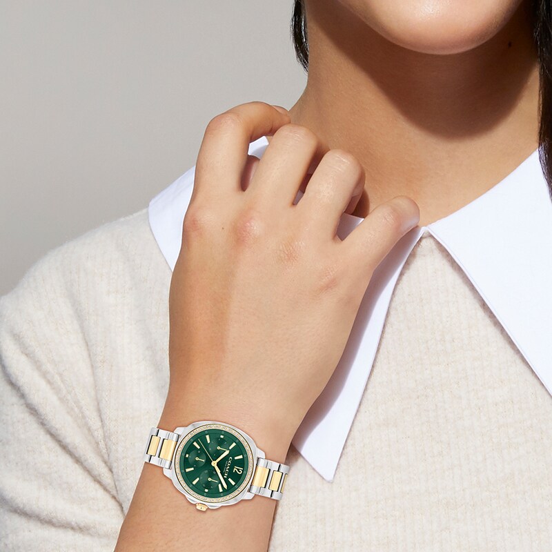 Main Image 4 of Ladies' Coach Kitt Crystal Accent Two-Tone IP Chronograph Watch with Green Dial (Model: 14504394)