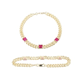 5.0mm Princess-Cut Lab-Created Ruby Station Cuban Curb Chain Bracelet in Sterling Silver with 18K Gold Plate - 7.25"