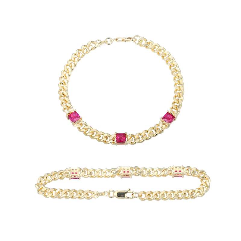 Main Image 1 of 5.0mm Princess-Cut Lab-Created Ruby Station Cuban Curb Chain Bracelet in Sterling Silver with 18K Gold Plate - 7.25"