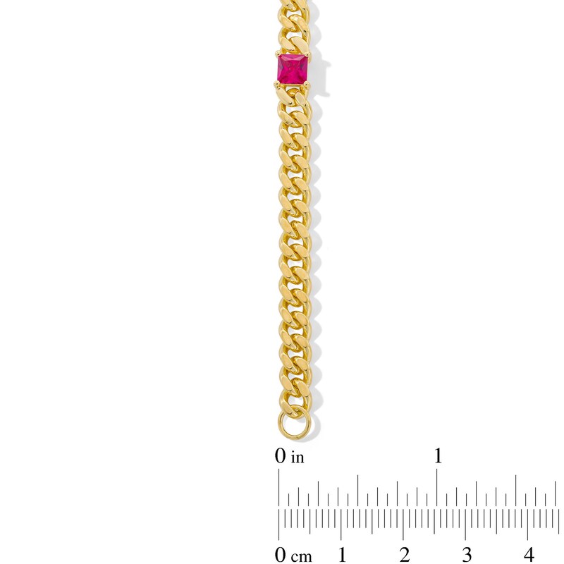 Main Image 3 of 5.0mm Princess-Cut Lab-Created Ruby Station Cuban Curb Chain Bracelet in Sterling Silver with 18K Gold Plate - 7.25"