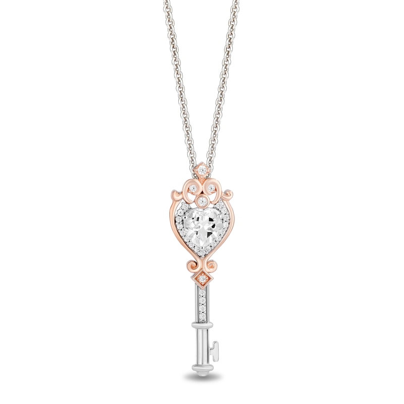 Main Image 1 of Enchanted Disney Majestic Princess Heart-Shaped White Topaz and Diamond Key Pendant in Sterling Silver and 10K Rose Gold
