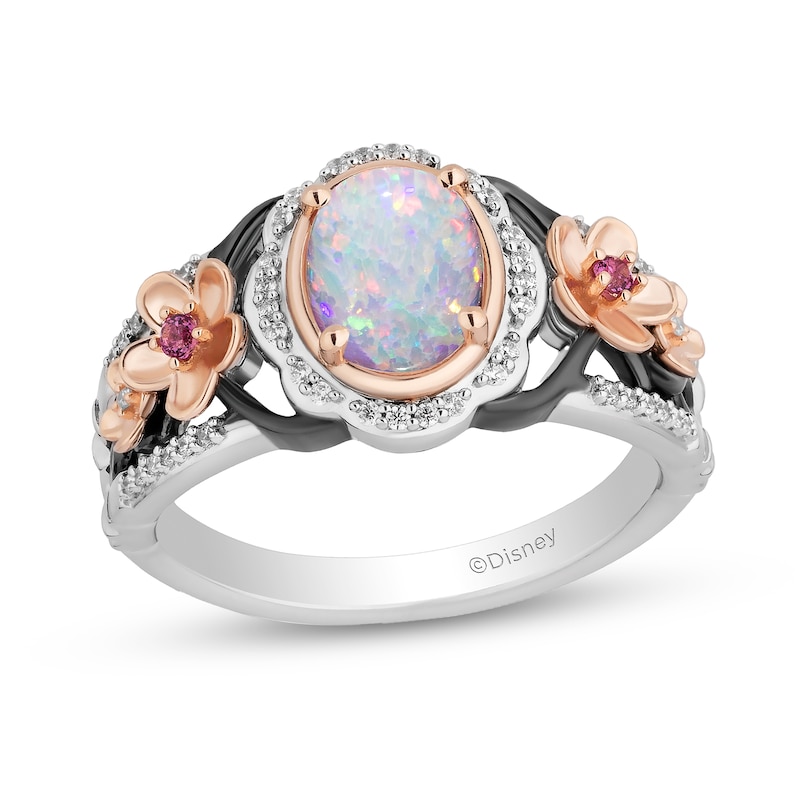 Main Image 1 of Enchanted Disney Mulan Lab-Created Opal and Rhodolite Garnet with Diamond Flower Ring in Sterling Silver and Rose Gold