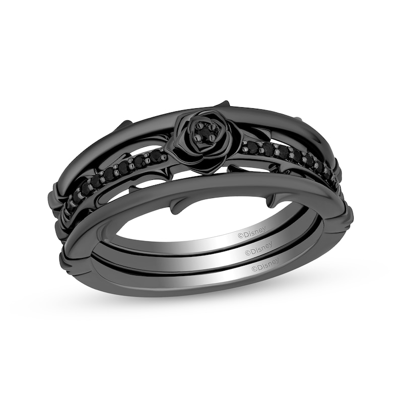 Main Image 1 of Enchanted Disney Villains Maleficent Black Diamond Rose and Thorn Three Piece Ring Set in Black Rhodium Sterling Silver